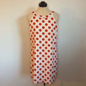 Pink Owl Retro Cream White and Red Orange Polka Dot Shift Dress, Sleeveless, M